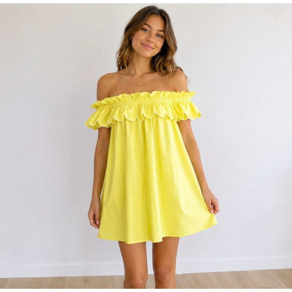 IDEM DITTO Girls Juniors Yellow Lemon Ruffle Off Shoulder Dress NWT Sz S